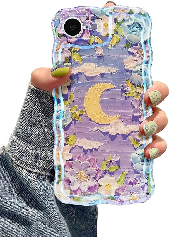 EYZUTAK Case for iPhone 17e/iPhone 16e, Colorful Retro Oil Painting Flower Moon Pattern Laser Cute Curly Wave Edge Exquisite Phone Cover Stylish Durable TPU Protective Case for Women - Purple White - Product Image