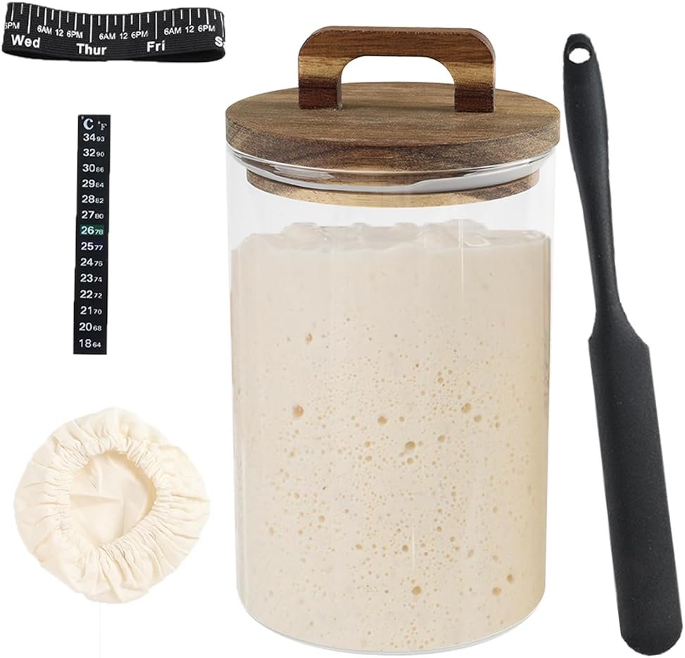 Yomjarl Sourdough Starter 35 Oz Jar,Glass Sourdough Bread Baking Supplies with Wooden Handle Lid,Sour Dough Bread Starter Jar Kit,Date Marked Feeding Band,Thermometer,Silicone Scraper,Sewn Cloth Cover - Product Image