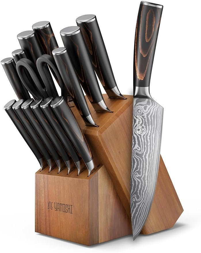 Yatoshi Professional Kitchen Knife Set, 15 Pieces, High Carbon Stainless Steel, Ergonomic Handle - Product Image