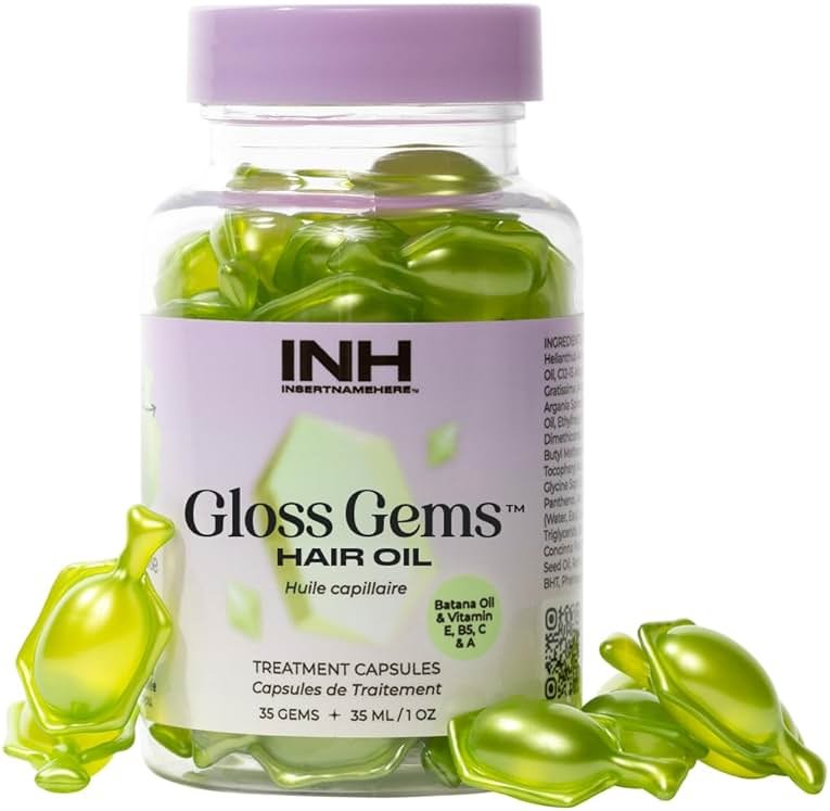 INH Hair Gloss Gems - Lightweight Hair Oil Perfume Capsules for Dry, Damaged, or Frizzy Strands, Smoothing Anti Frizz Shine Serum with Argan & Batana Oil, Vegan Leave In Treatment, 35 Capsules - Product Image