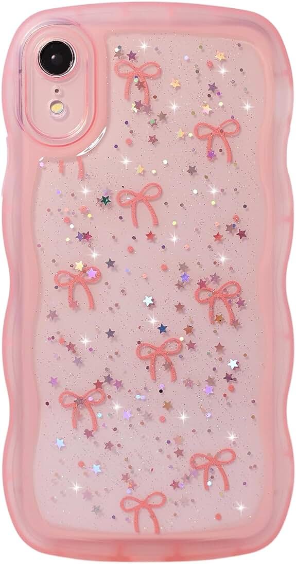Qokey for iPhone XR Case, Glitter Star & Curved Edge Handle Grip Design, Military-Grade Shockproof Clear TPU Cover, Sparkle Protection Scratch-Resistant, Holographic Pink Bow - Product Image