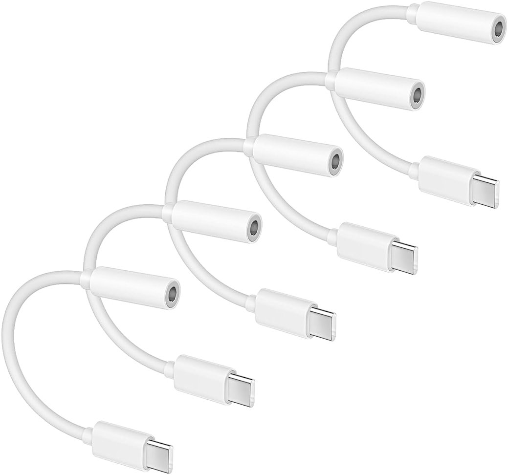 5 Pack USB C to 3.5mm Headphone Jack Adapter Type C Audio Aux Cable Dongle Compatible with iPhone 16/15/15 Plus/15 Pro/15 Pro Max/iPad/Pixel, Samsung Galaxy S23 S22 S21 S20 Ultra Z Flip/Note(White) - Product Image