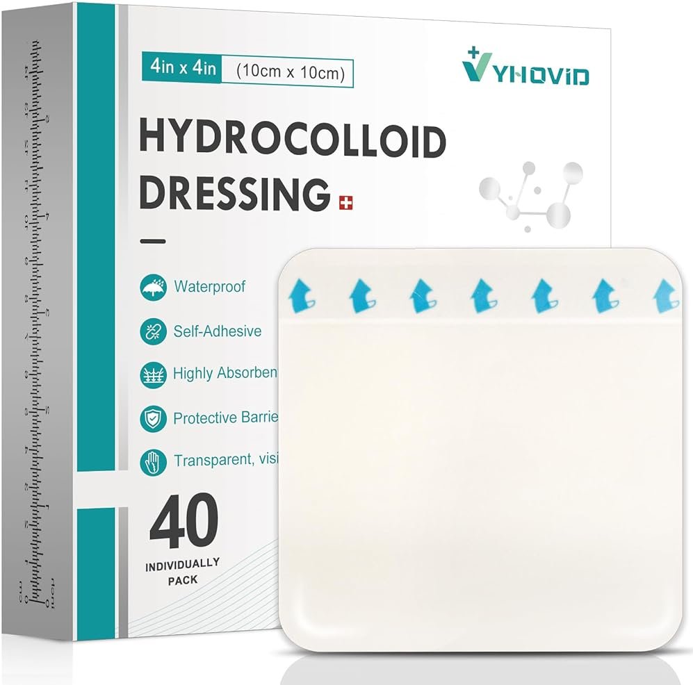 40 Pack Hydrocolloid Wound Dressing 4" x 4", Hydrocolloid Patch Bandages with Self-Adhesive, Bed Sore Bandages, Highly Absorbent for Burn, Blister, Acne Care, Sterile and Waterproof - Product Image