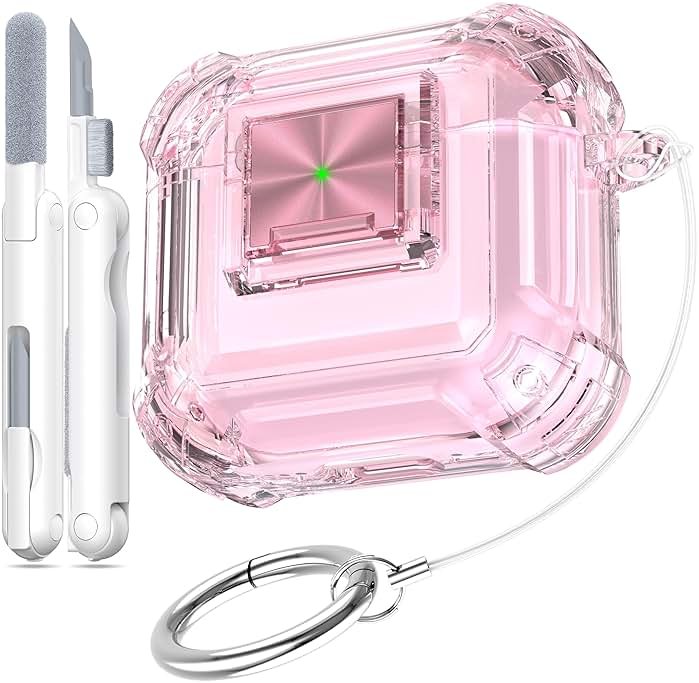 RFUNGUANGO AirPods 4 Case Clear with Lock Cleaning Kit, Lanyard & Keychain, Support Wireless Charging, Compatible with Apple AirPods 4 Case (2024) for Women Girl, Transparent Pink - Product Image