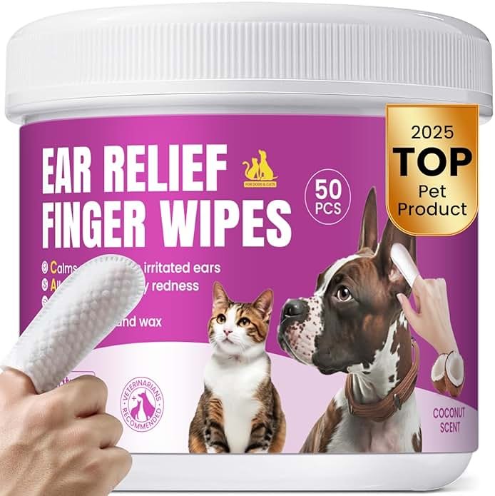 Pet Ear Cleaning Finger Wipes for Dogs & Cats - Dog Ear Cleaner with Aloe, Coconut Oil & Ginseng - Finger Dog Ear Wipes to Relieve Ear Itching, Infections, Wax & Smelly Ears - 50 Ct - Coconut Scent - Product Image
