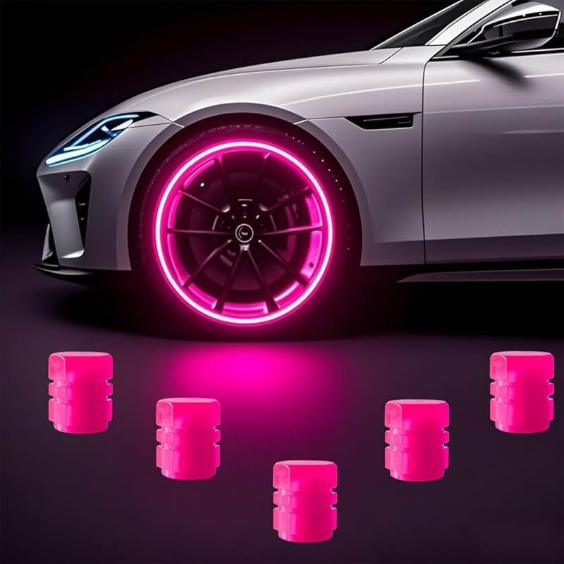 Glow in The Dark Tire Valve Stem Caps, 5 Pack Luminous Tire Valve Stem Caps, Fluorescent Car Tire Pressure Caps, Universal for Cars, Trucks, SUVs, Motorcycles, Bikes (Pink) - Product Image