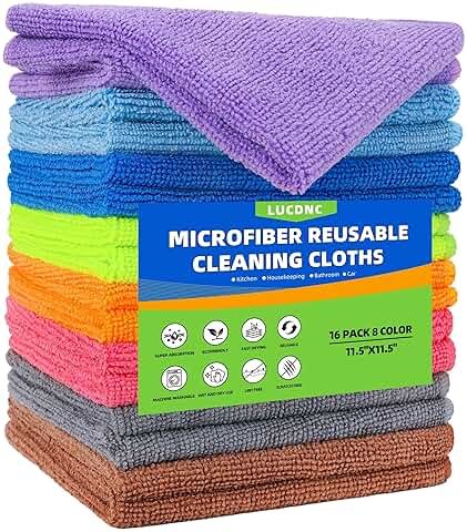 lucdnc Microfiber Cleaning Cloths 16 Pack 8 Color Cleaning Rags for Housekeeping Home Kitchen Bathroom Car,11.5"X11.5" Soft Lint Free Wet and Dry Use Dusting Cleaning Supplies Towels - Product Image