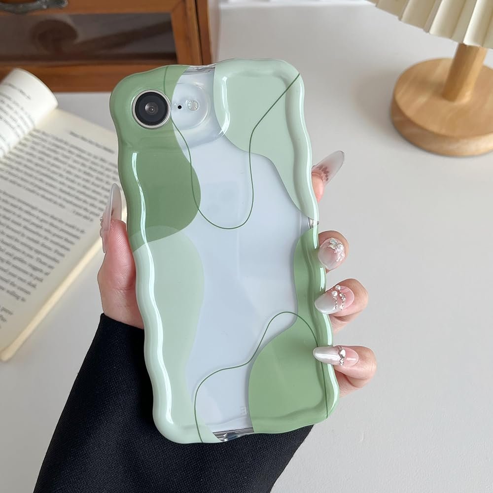 DEFBSC for iPhone 17e/iPhone 16e Case,Cute Clear Wavy Art Design Aesthetic Pattern Phone Case for Women Girls,Wave Frame Durable Protective Cover Full Camera Protection Bumper for iPhone 17e/16e,Green - Product Image