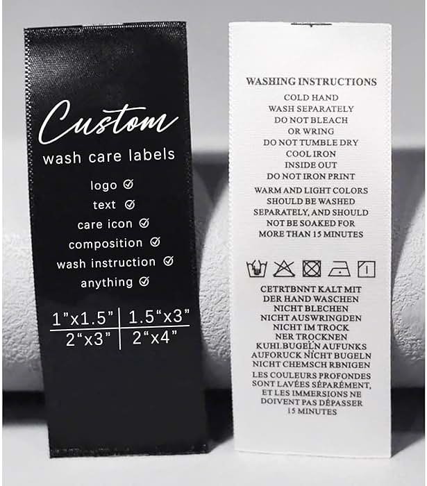 Lsoiapk 50Pcs Custom Clothing Care Labels, Personalized Washing Care Instructions Satin Fabric Tags, Machine Wash Cold Sewing Labels for Garment, Quilt, Textiles (1.5"x3" (4x8cm)) - Product Image