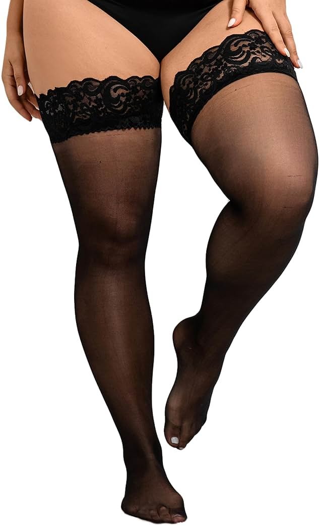 Hellomamma Plus Size Thigh High Stockings: Women Lace Anti-Slip Stay Up Sheer Pantyhose Lingerie Stockings for Sexy Women - Product Image