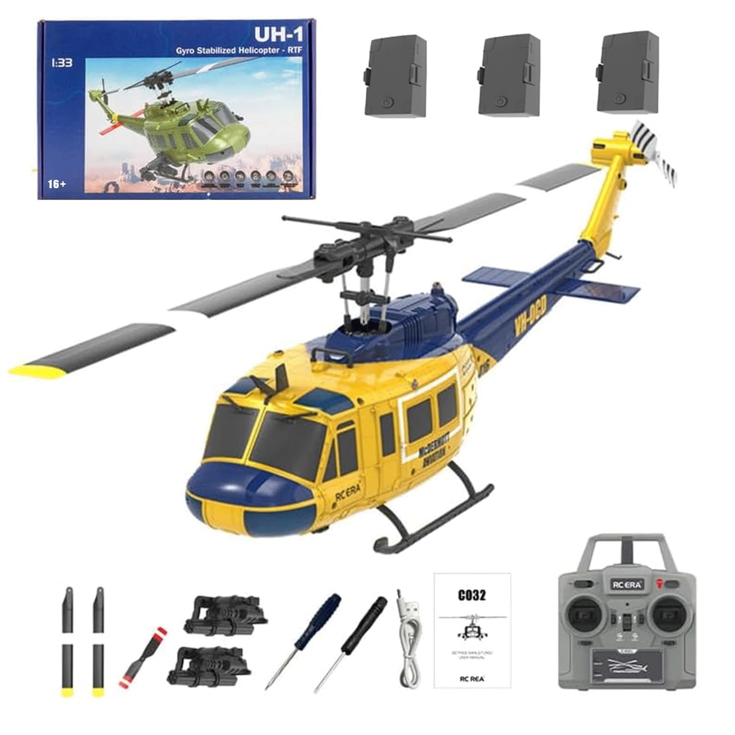 YOMTDIY UH-1 Huey Remote Control Helicopters RC Aircraft for Adults, RC ERA C032 1/48 Scale 6CH 2.4G Gyro Stabilized Aircraft with Fly Upside Down 3D Rolling -RTF / 3 Battery - Product Image