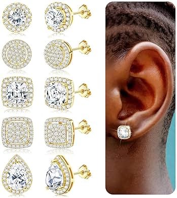 LOYALLOOK Cubic Zirconia Stud Earrings for Women Men Simulated Diamond CZ Halo Stud Earrings Round Square Iced Out Earrings 18K Gold Plated Hypoallergenic 925 Sterling Silver Earrings Set - Product Image