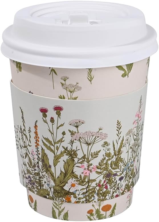 AimFun 50Pcs Floral Disposable Coffee Cups with Lids and Sleeves Vintage Botanical Herb 8oz To Go Party Paper Drinking Cup for Birthday Weddings Bridal Shower Tea Party Supplies - Product Image