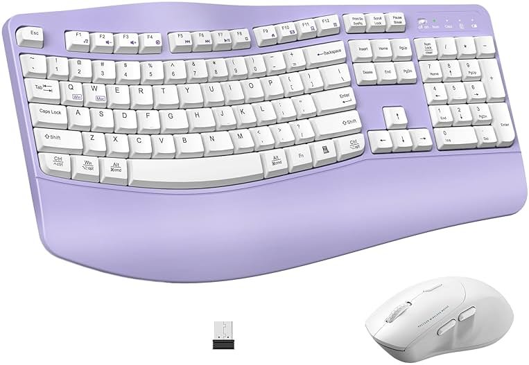 Ergonomic Wireless Keyboard and Mouse Combo, Wave Keys Keyboard with Wrist Rest for Natural Typing, 3 DPI Adjustable Ergonomic Silent Mouse for Computer/Laptop/Windows/Mac (Purple) - Product Image