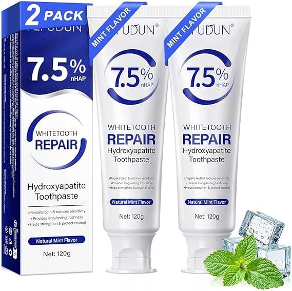 Nano Hydroxyapatite Toothpaste for Enamel Repair & Sensitivity Relief - 7.5% Fluoride-Free Formula Reverses Early Cavities, Strengthens Teeth, Fresh Mint Flavor - 2 Pack - Product Image