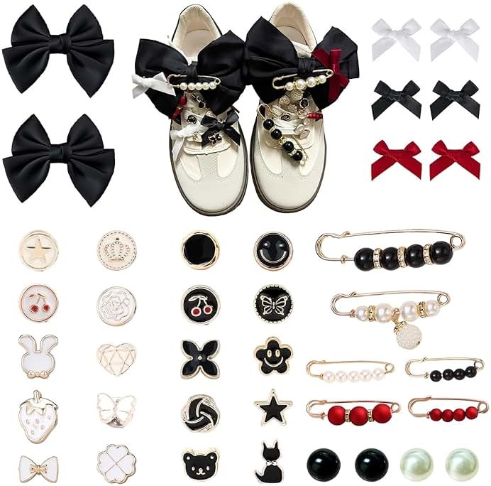 Lospfo 38 Pcs Shoe Charms for Sneakers Satin Bow Sneaker Charm for Shoe Lace with Bows/Jewelry/Pins/Clips Shoelace DIY Charms Decoration for Women - Product Image