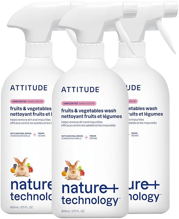 ATTITUDE Fruit & Vegetable Wash, Unscented Food-Safe Produce Wash to Remove Dirt, Wax & Residue, Vegan Plant-Based Produce Cleaner, 27.1 Fl Oz (Pack of 3) - Product Image
