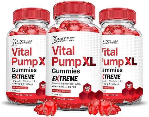 (3 Pack) Vital Pump XL Extreme 2000MG Performance Gummies Vital PumpXL Advanced Formula Formulated with Beet Juice ACV Pomegranate Powder B12 Vegan Non GMO 180 Gummys - Product Image