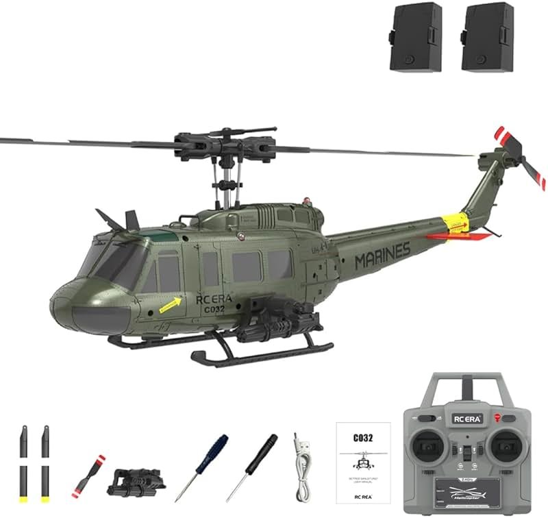 Tiodei RC ERA C032 UH-1 Huey 6CH Helicopter for Adults, 1/48 Scale RC Helicopter Brushless with 6-Axis Gyroscope Stabilization, with Altitude Hold & 3D Inverted Flight（Green 2 Battery） - Product Image
