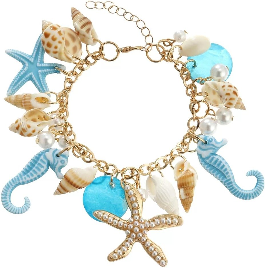 Peasimy Bohemian Style Conch Starfish Seahorse Shell Pearl Bracelet Ocean Theme Beach Jewelry for Women Adjustable Bangle - Product Image