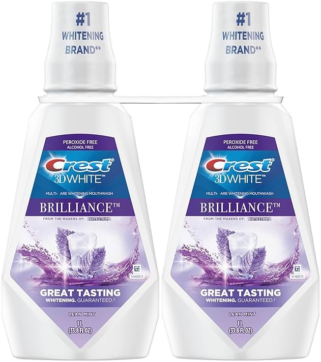 Crest 3D White Mouthwash, Teeth Whitening for Adults, 1L, 2 Pack, Alcohol Free Mouth Rinse, Breath Freshener, Antibacterial, Antiseptic, Bad Breath Treatment, Peroxide Free, Clean Mint - Product Image