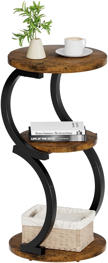 Small Side Table, 3-Tier Round End Table for Living Room, S-Shaped Accent Table for Small Spaces Sofa Couch Bedroom, Vintage Nightstand Wood Metal Coffee Table with Storage Shelf, Rustic Brown - Product Image