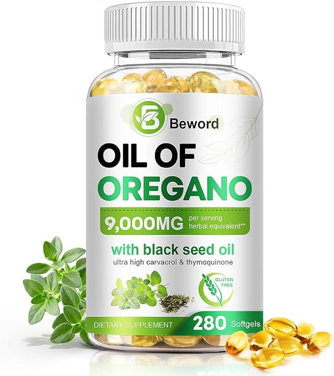 BEWORD Oil of Oregano with Black Seed Oil, 280 Softgels, 9000mg Per Serving – 2-in-1 Oregano Supplement for Immune Health with High Carvacrol & Thymoquinone | Plant-Based, Non-GMO - Product Image