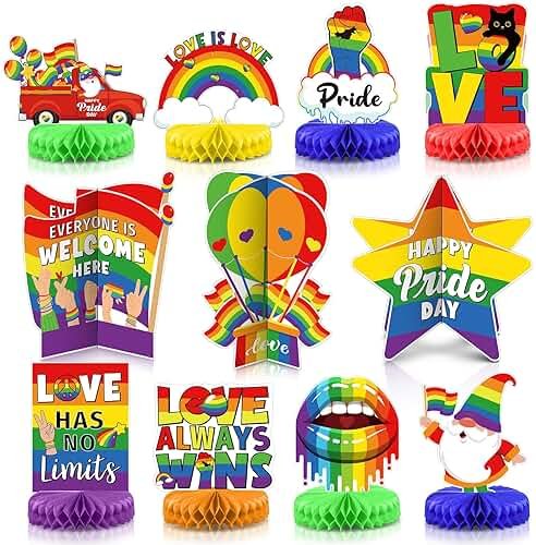 Pasimy 11 Pcs Pride Decorations 3D Rainbow Honeycomb Table Centerpiece Gay Pride Month Party Decorations Love Is Love Tabletop Toppers Rainbow Sign Decor for Office Classroom Home Lgbtq Party Supplies - Product Image