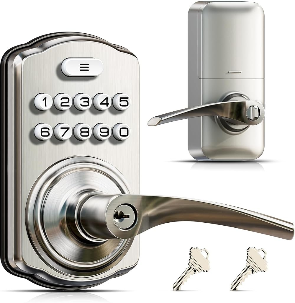 Veise Keypad Door Lock with Handle, Keyless Entry for Front Door & Bedroom, Electronic Lock with Code, Auto-Locking, Easy Installation, Passage Mode, Satin Nickel - Product Image