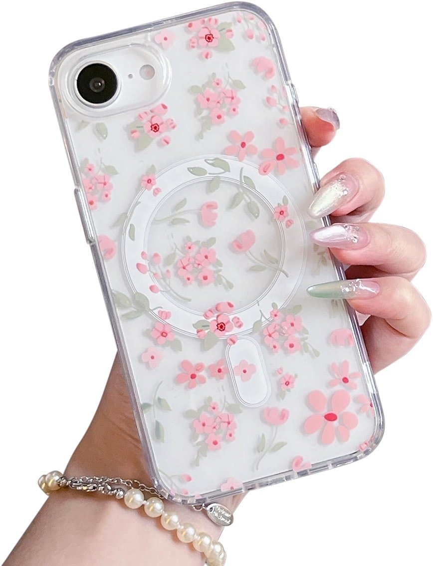 QLTYPRI Magnetic for iPhone 17e / iPhone 16e Case Compatible with Magsafe, Cute Floral Flower Aesthetic Phone Case Slim Clear Anti-Yellowing Shockproof Phone Cover for Girls Women - Pink - Product Image