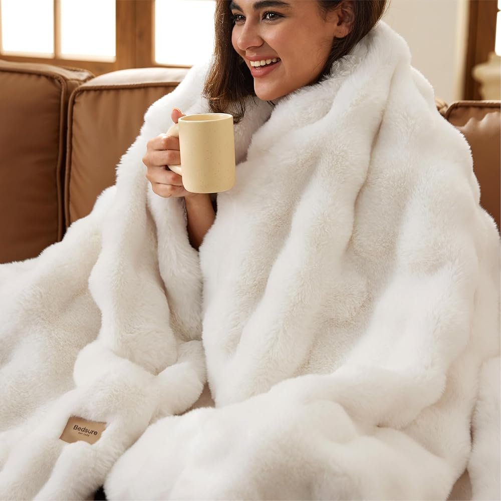 Bedsure GentleSoft Fluffy Faux Fur Throw Blanket for Couch, Soft Fuzzy Fleece Blankets & Throws, Cream Bed Decor Cozy Gifts for Women Teen Girls, Minky Thick Warm Plush Gifts for Birthday, Anniversary - Product Image