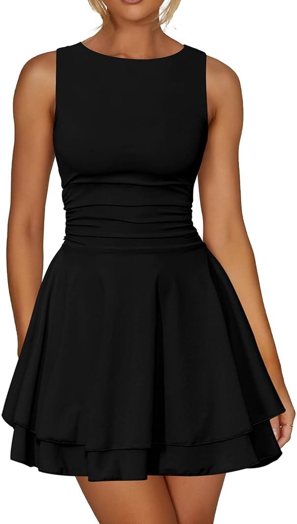 Kaximil Women's Ruffle Hem Boat Neck Mini Dress Sleeveless Ruched Corset Short Party Dresses - Product Image