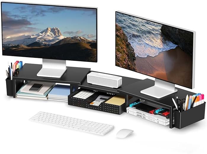 OPNICE Desk Organizers and Accessories, Dual Monitor Stand Riser with Drawer and 2 Pen Holders, Desk Shelf Metal Computer Racks for Office Workspace Organizers, Desktop Organization (Black Metal) - Product Image