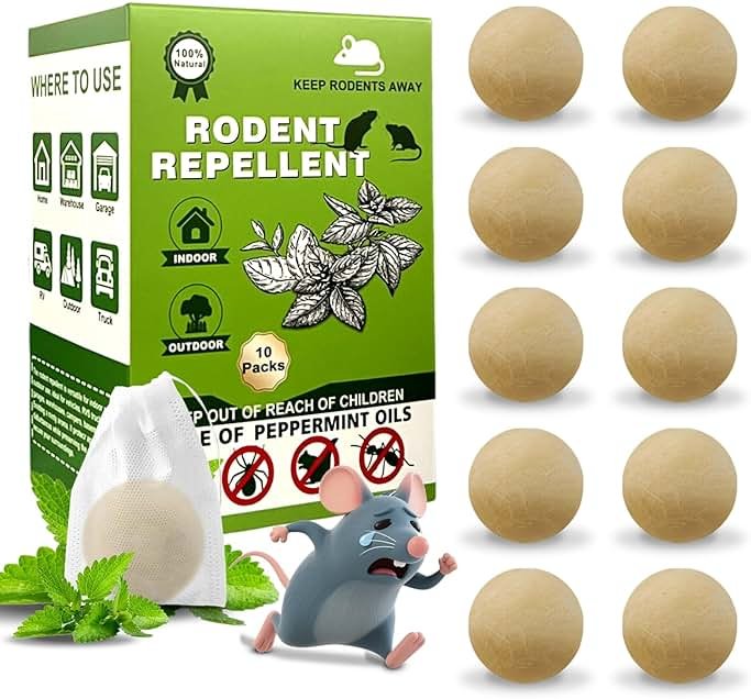 Mouse Rodent Repellent,10 Pack Peppermint Oil Mouse Repellent Balls for Rats Mice Deterrent, Natural Mouse Traps for Indoor Outdoor Use, Keep Rodents Away from Garden and Home, Family & Pet Safe - Product Image