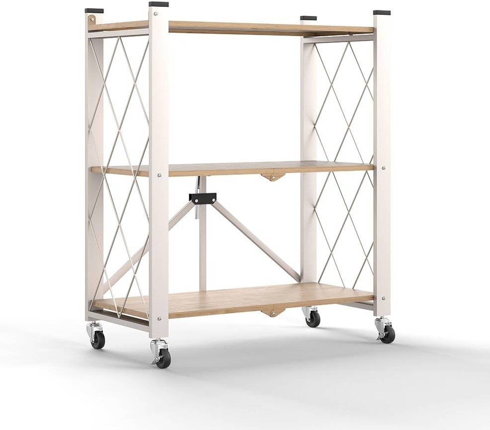 Hershii 3-Tier Metal Storage Rack with Wheels, Folding Metal Rack Shelving Unit, Rolling Cart for Books Kitchen Storage Shelves, Pantry & Closet Organizer, Office Room Decor - Product Image