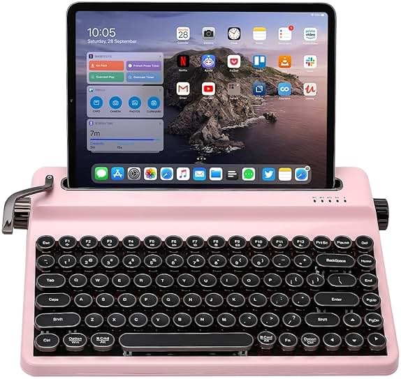 YUNZII QL75 Wireless Typewriter Hot Swap Retro Mechanical Keyboard,Punk Round Keycaps,RGB Backlit QMK/VIA Programmable,Multi-Device Keyboard with 2.4GHz/Type-C/BT5.0 (Pink, Cocoa Cream V2 Switch) - Product Image