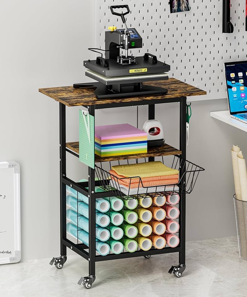 Ardier Movable Heat Press Machine Cart with Basket and Hooks, 3 Tier Crafting Shelf Organizer with Vinyl Roll Holder, Workbench for DIY Sublimation Transfer Machine and Printer or T-shirt Maker, Black - Product Image