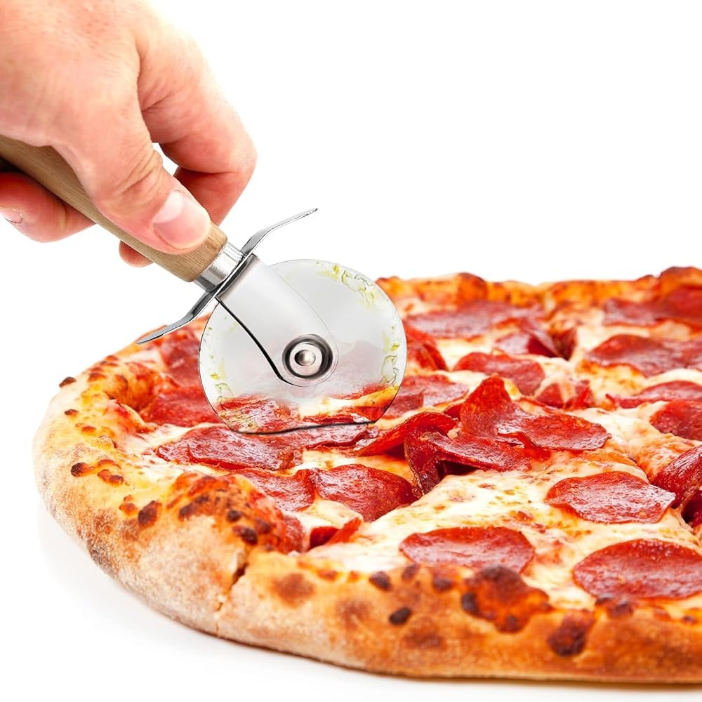 NutriChef Stainless Steel Pizza Cutter Wheel | Durable & Sharp Pizza Slicer with Built-in Finger Guard | Non-Slip Ergonomic Handle & Dishwasher Safe | Heavy Duty Rust Resistant 7” Pizza Wheel - Product Image