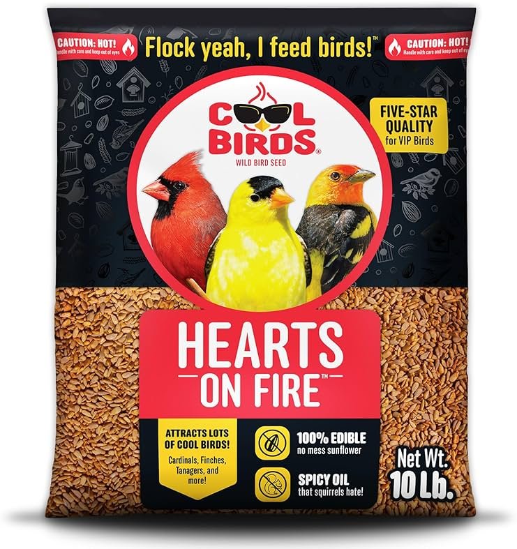 Cool Birds Hearts on Fire Hot Bird Seed – 10 lb. 100% Hulled Sunflower Hearts with Chili Pepper Oil – No Waste Bird Seed for Outside Feeders - Product Image