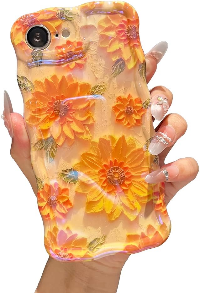 XIZYO Case for iPhone 17e/iPhone 16e, Colorful Retro Oil Painting Flower Cute Floral Aesthetic Curly Wave Frame Laser Glossy Reflective Exquisite Stylish Protective Cover Women Girls-Sunflower/Yellow - Product Image