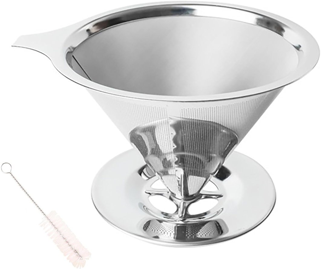 Pour Over Coffee Dripper Stainless Steel Coffee Filter Metal Cone Filter Extra Fine Wire Mesh Reusable Coffee Filter Coffee Maker (Silver, 1-2 Cups) - Product Image