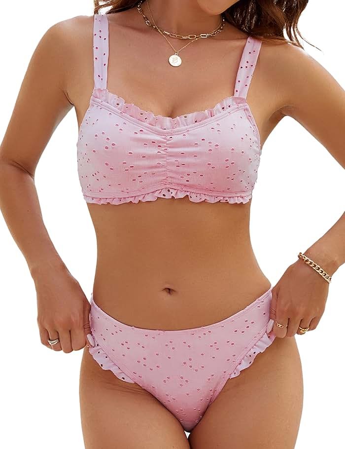 Blooming Jelly Womens Bikini Set Two Piece Ruffle Bandeau Bathing Suits Cheeky High Cut Cute Eyelet Swimsuit - Product Image
