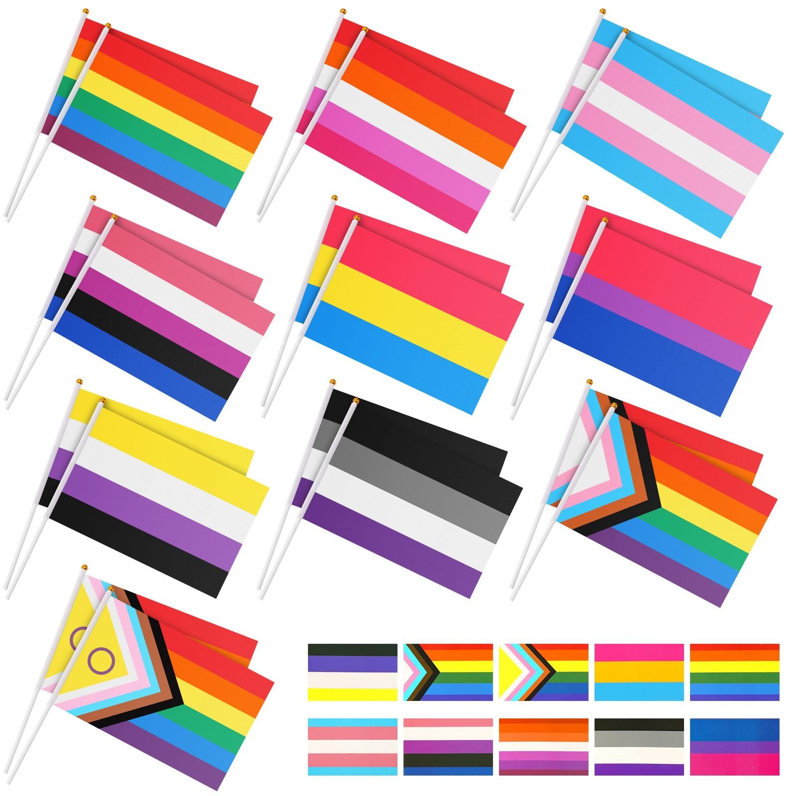 AUGSUN 40 Pcs Rainbow Pride Flags and 50 Gay Stickers Small Mini Handheld Pansexual Bisexual Trans Lesbian Gay Flag LGBTQ Inlcusive Flags for Pride Month Decorations, 5x8 Inch - Product Image