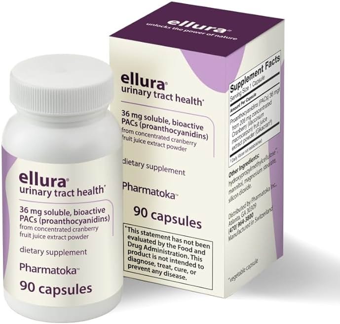 ellura 36 mg Clinically Backed Soluble, Bioactive PACs – 100% Concentrated Cranberry Fruit Juice Extract, for Urinary Tract Health, 90 Capsules - Product Image