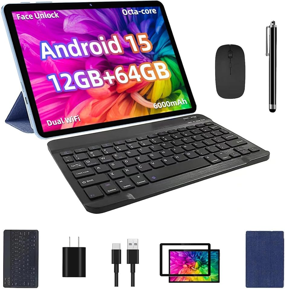 TUOHAITIME Android 15 Tablet, 12GB+64GB+1TB Expand, 10inch Tablet Bundle with Keyboard Case, Stylus Pen, Octa-core CPU, Dual Camera, WiFi6, 6000mAh Battery+18W Fast Charge, Support Face Unlock,Blue - Product Image