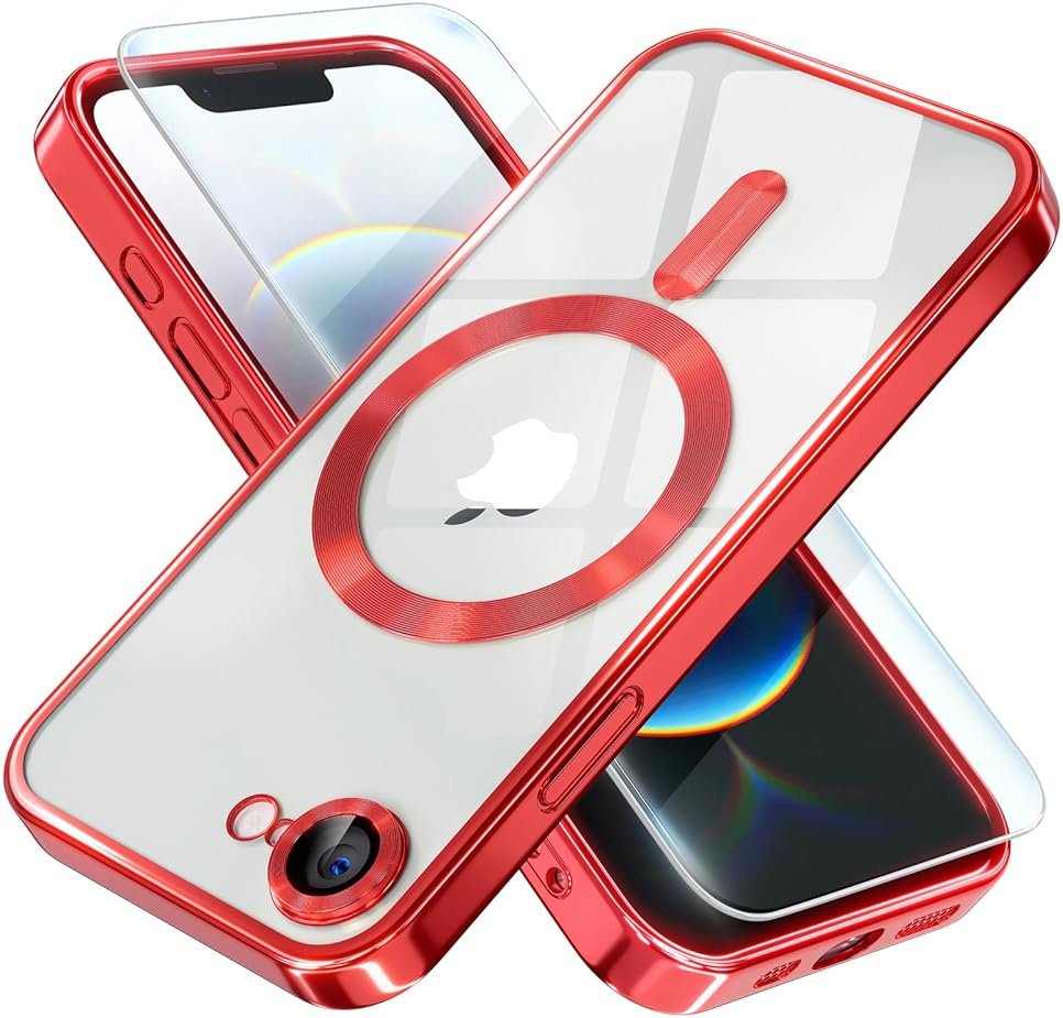 Misea Magnetic for iPhone 17e / 16e Case Compatible with MagSafe [Never Yellowing] [Military Grade Drop Protection] Full Camera Lens Protector Plating Soft Clear Phone Case for Women 6.1 inch, Red - Product Image