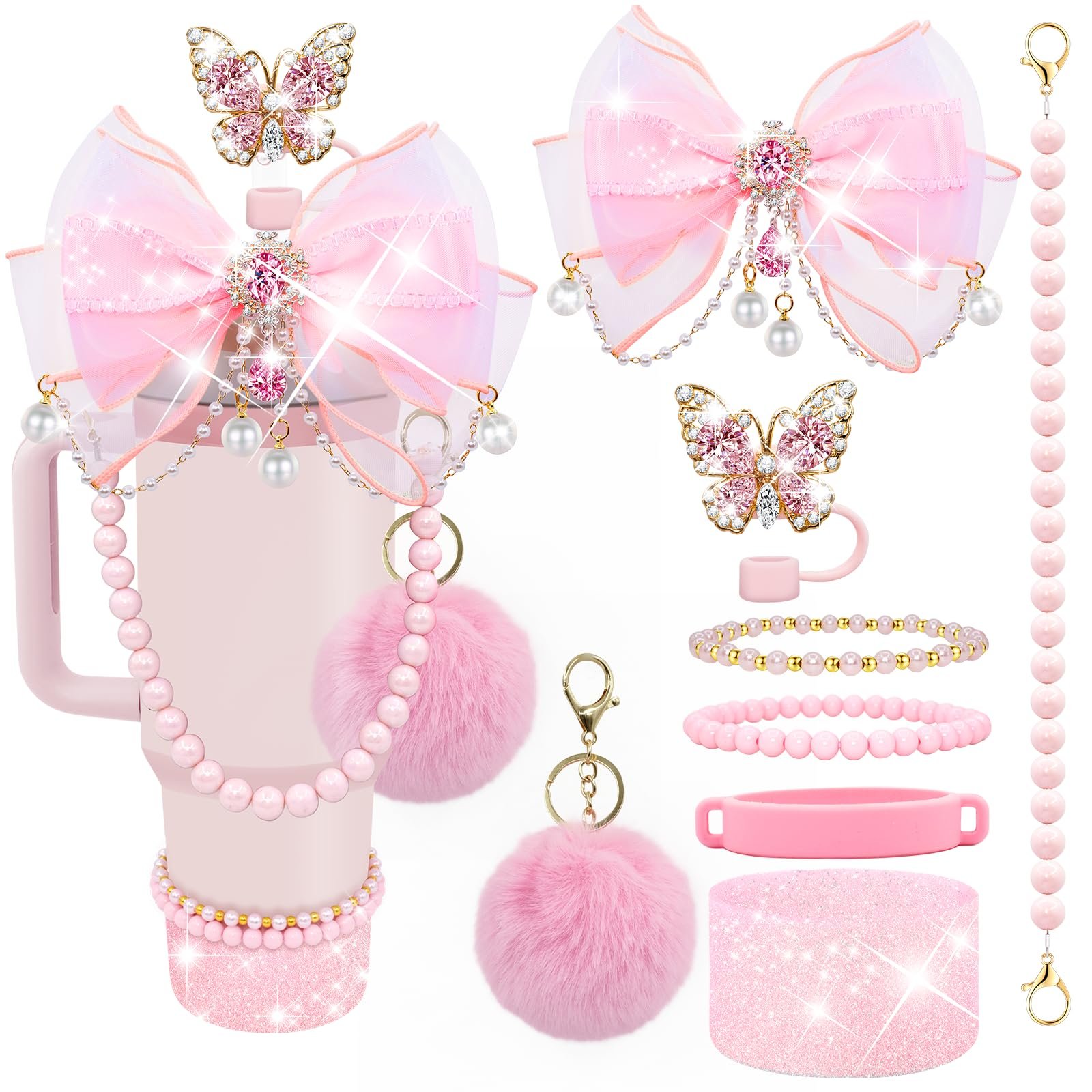 LBU Bling Stanley Cup Accessories for 40&30&20 Oz Tumbler Including Diamond Bow Straw Topper, Stanley Bracelets Charms, Butterfly Straw Cover Cap, Pearl Handle Strap, Silicone Boot, Pom-Pom (Pink) - Product Image