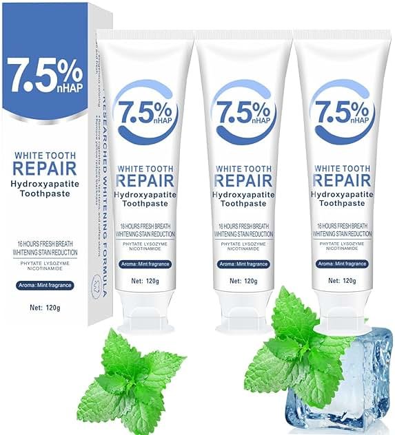3 Pcs 7.5% Hydroxyapatite Toothpastes for Enamel Protection and Tooth Strengthening, Stain Removal, Whitening Tooth, Gentle Mint, Fresh Breath, Daily Use for Oral Health - Product Image