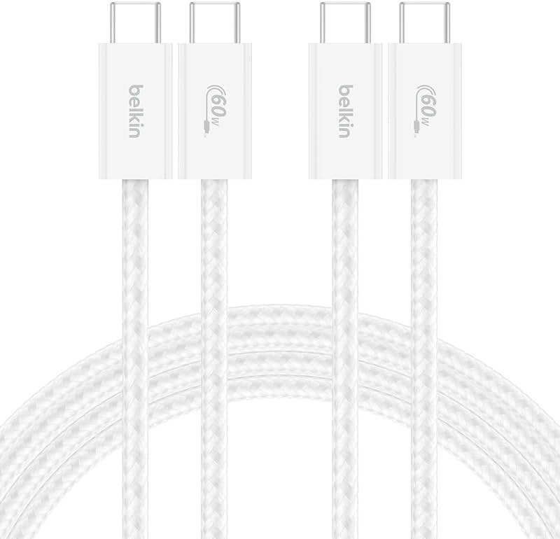 Belkin USB C to USB C Cable 2-Pack, 6.6ft, 60W - Type C Charger, iPhone Charger Cord, Soft, Braided, Flexible for iPhone 17, Galaxy S25, Pixel 10, Airpods, iPad Pro & More, Travel Essentials - White - Product Image