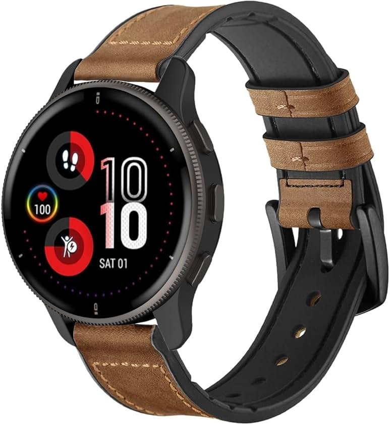 Leather Bands Compatible with Garmin Venu/Sq/Sq 2/Forerunner 165/55/645/245 Music Watch Bands, Garmin Vivoactive 6/5/3 Bands, 20mm Silicone Leather Sport Wristband for Vivomove HR/Sport Men Women - Product Image